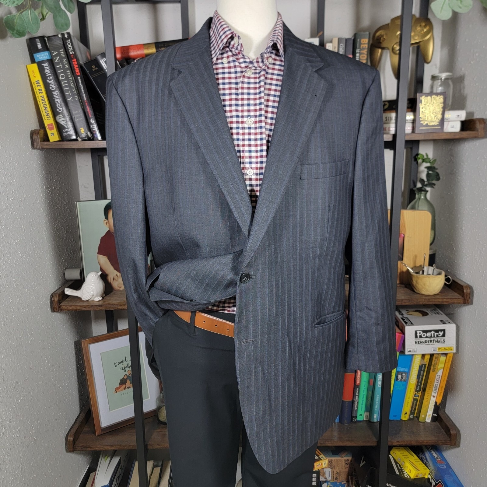 Jos A Bank Men's Sport Coat Blazer Two Button Striped Gray Blue Silk Wool 46r